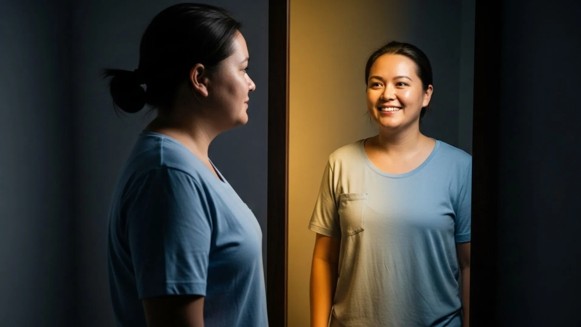Woman in a blue T-shirt looking into a mirror that reflects a healthier, smiling, confident version of herself